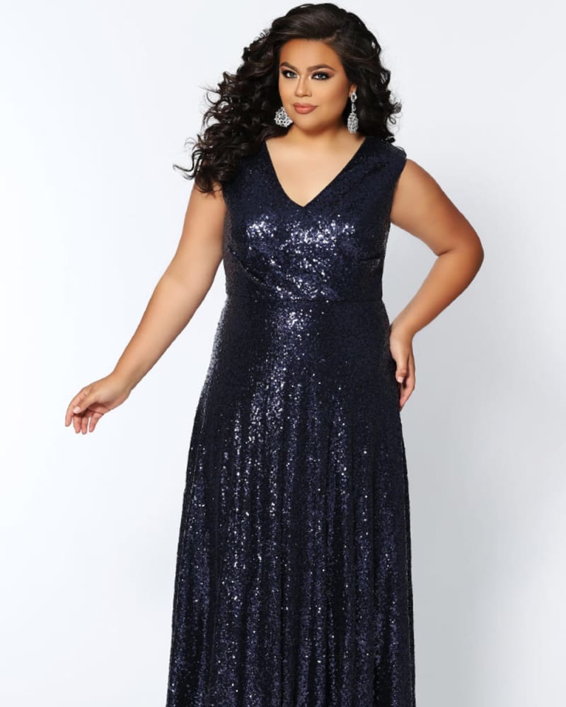 Front of a model wearing a size 24 City Lights Formal Gown in Navy by Celebrations by Sydney's Closet. | dia_product_style_image_id:280042
